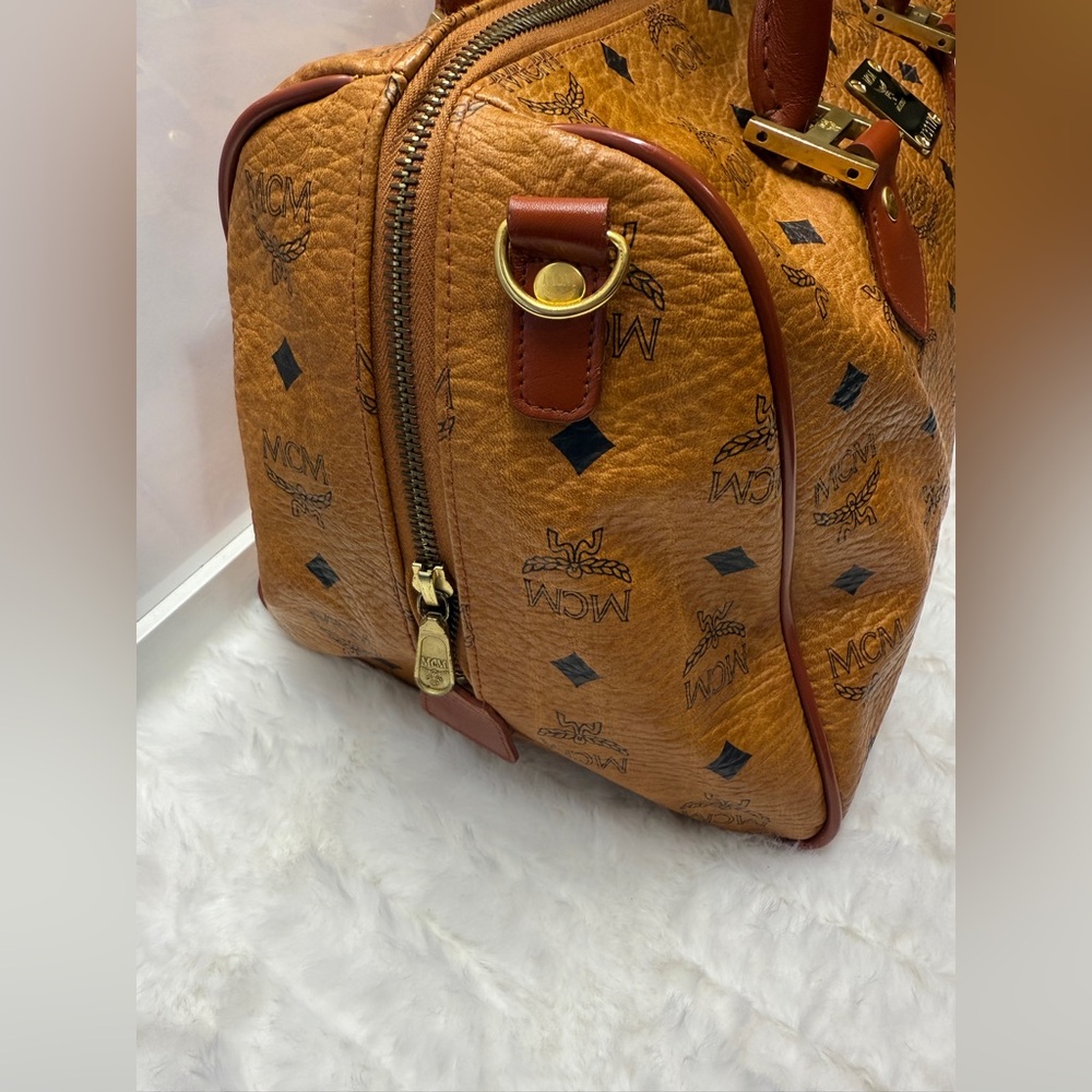 MCM Cognac Visetos Monogram Boston Bag with Gold Hardware - Picture 8 of 13